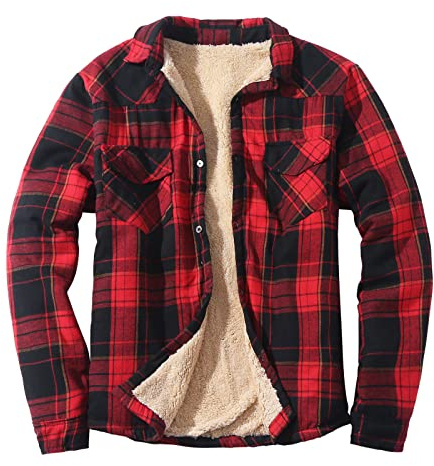 HULKAY Mens Long Sleeve Sherpa Fleece Flannel Shirts Button Down Berber Lined Shackets Warm Camp Shirts Plaid Jackets(Red 3,L)