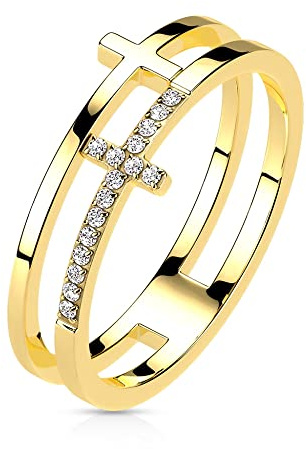 Treuheld® Doppelter Ring mit Kreuz und Kristallen | Farbe: gold - Größe: 54