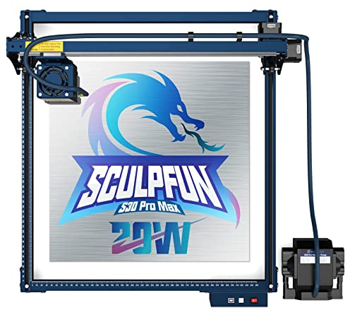 SCULPFUN S30 Pro Max Engraver, 20W Optical Power Engraving Machine with M8 Automatic Air Assist Kit, Industrial 0.005mm Linear Rail Wood Cutter with Replaceable Lens & Limit Switches