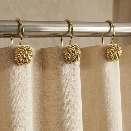 Gold Shower Curtain Hooks Rings: PopKozzi Rust Proof Metal Decorative Shower Hooks for Shower Curtain - Modern Luxury Fancy Sparkle Cute Nautical Bathroom Curtain Hooks - Set of 12
