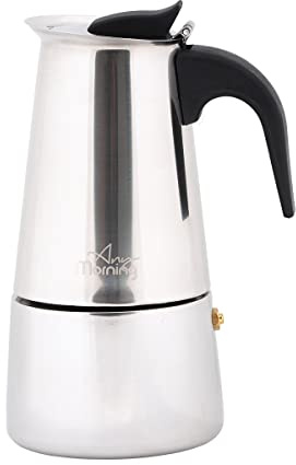 Any Morning Macchina per caffè espresso con piano cottura | Moka Pot | Macchina da caffè italiana | Caffettiera a percolatore in acciaio inox | 4 tazze | 200 ml | Argento