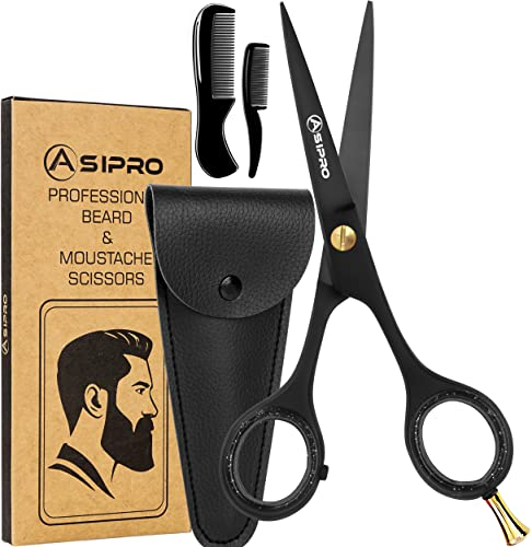 ASIPRO Bartschere Männer 5/12.7cm Komplettes Bartpflege Set Inkl. Bartkamm, Schnurrbartkamm und Kunstlederetui, Schnurrbart Schere Profi Bart Scheren Edelstahl Beard Scissors Haarschere für Bart