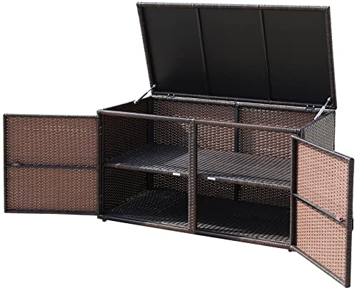 KOMFOTTEU Baúl de Almacenamiento Exterior de Ratán 330 L, Caja de Almacenaje de Jardín con Puertas Dobles y Tapa, Arcón de Ordenación de 2 Pisos para Patio, Terreza, 115 x 60 x 65 cm (marrón)