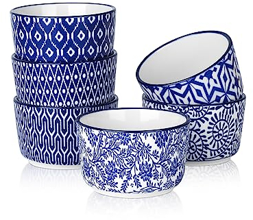Selamica Ceramic 8 Oz Ramekins, Creme Brulee Ramekins, Oven Safe Baking Dishes/Cups for Souffle Custard Pudding, Small Bowls for Ice Cream Dip, Set of 6, Vintage Blue