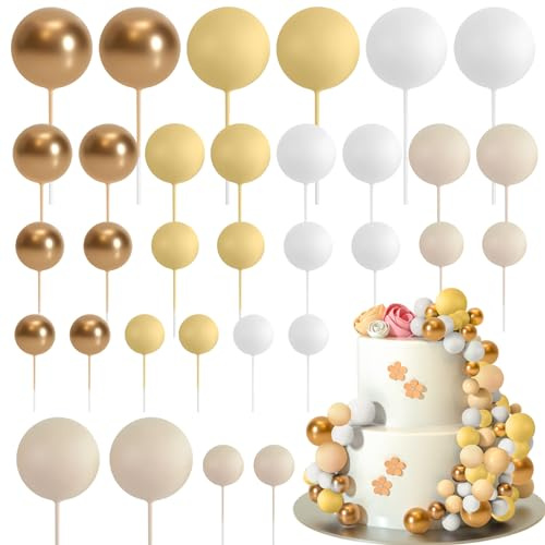 ASTARON 32 Pcs Foam Balls Cake Topper Decorations for Party Cake Decorating | Yellow Gold Balls,Mini Balloons Cake Sticks,Cake Topper Balls,Birthday Cake Decoration,Cup Cake Decor, Party Cake Decoration