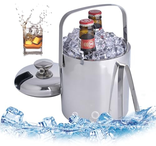 TRIEBAN 1.3 Liter Eiseimer Edelstahl Eiskübel mit, Eiskühler Eiswürfelbehälter, Doppelwandiger aus Tragbar Isolierung Sektkühler mit Deckel,Tragegriff,Eisschaufel und Sieb, Silber