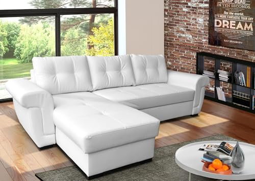 Corner Sofa Bed in White PU Leather, Large Storage Compartment. L Shaped Sofa Bed Left or Right