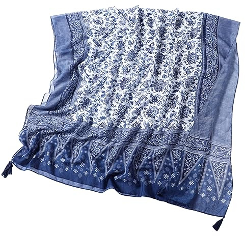 SHERCHPRY Sciarpa Donna Cotone Blu Motivo Porcellana Bianca e Blu, Leggera e Pieghevole, Protezione Solare per Attività Estive All'aperto