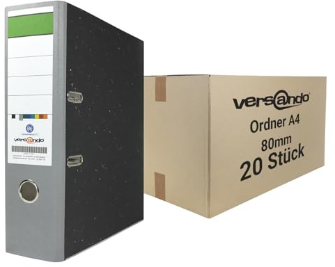 versando 20x breiter Premium Ordner DIN A4 Rücken 8cm Aktenordner Ringordner - Blauer Engel zertifiziert - grau (1 Karton)