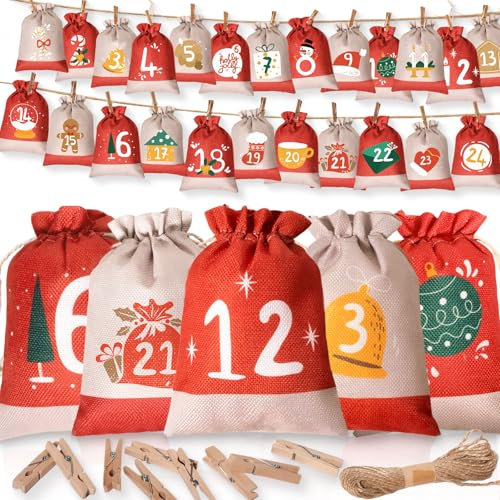 Adventskalender zum Befüllen, 24 Weihnachtskalender zum Befüllen, 18 x 13cm Adventskalender zum Befüllen Säckchen Groß, Adventskalender zum Befüllen Stoff, Adventskalender 2024 Kinder