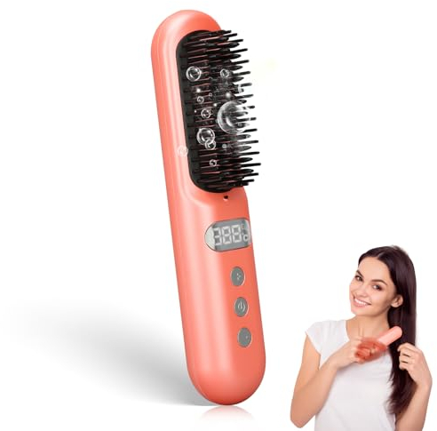 Brosse à lisser portable, mini brosse à cheveux électrique, avec 9 réglages de température, ions négatifs, 150 ℃ à 230 ℃, anti-brûlure, écran LCD sans fil, rose