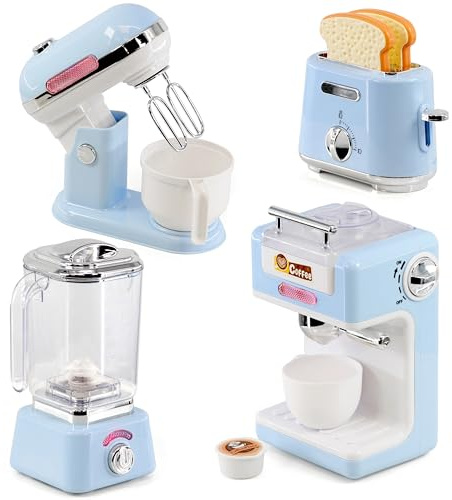 The Magic Toy Shop Kids Kitchen Appliances Set with Lights & Sounds - Working Toaster, Interactive Blender, Coffee Machine & Mixer - Pretend Cooking Accessories for Breakfast Role Play, Ages 3+