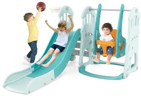 Maxmass Toddler Slide and Swing Set, Children Playground Playset with Basketball Hoop, Long Slide and Climb Ladder, Indoor Kids Play Area for Boys Girls (Green, 185x150x102cm)