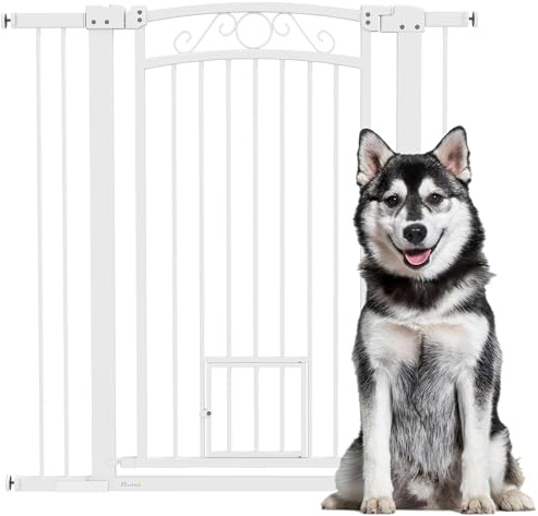 PawHut Barrera para Perros con Cierre Automático, Puerta para Perros 76-104 cm, Barrera de Seguridad con 2 Extensiones 7/14 cm, Fácil Montaje, Doble Bloqueo, para Escaleras y Puertas, Blanco