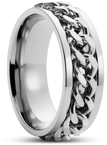Lucleon Edelstahl Ring Herren | Stilvoller Silberfarbener Curb Chain Ring für Männer | Robuste & Maskuline Ringe Herren Silber mit Kette in der Mitte