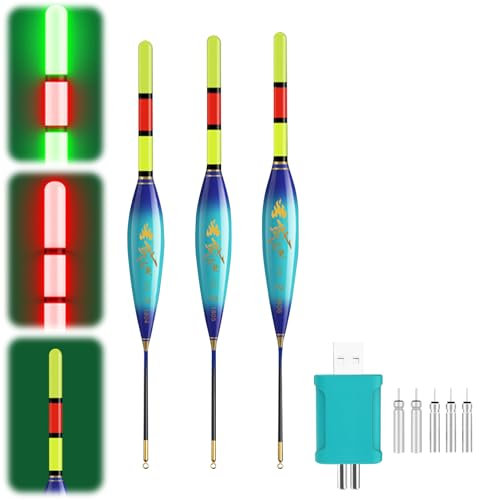 Hekasvm LED Posen Angeln Set 4g/6g/8g Kann die Farbe ändern, wenn der Fisch den Haken beißt, Angelzubehör Fishing Posen mit Batterie Ladegerät und Stabbatterie Typ CR425 (7g/8g/9g-B)