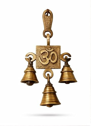 OM/AUM 3 Bells Wall Hanging Home Decor Gifts Brass Temple Bell Traditional Indian Pooja Accessories Hanging Windchime Hindu Idol Figure with Unique for Door Wall