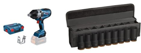 Bosch Professional 18V System BITURBO Akku Drehschlagschrauber GDS 18V-1050 H (inkl. L-BOXX-Einlage, L-BOXX, ohne Akku/Ladegerät) + 9x PRO Impact Steckschlüsseleinsatz-Set (96 x 56 mm, Zubehör)