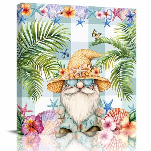 Framed Canvas Wall Art Tropical Dwarf Palm Tree Oil Painting Pictures Artwork for Wall Decor Gnomes Sea Star on Green Plaid Canvas Prints Ready to Hang for Bedroom Bathroom Office Living Room,8x8
