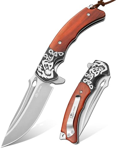 LOTHAR RHAEGAL Klappmesser, 8.9CM 14C28N Stahl Taschenmesser mit Holzgriff, EDC Messer, Gürtelclip, Ideal für Sammlung oder Geschenk (Rosenholz)