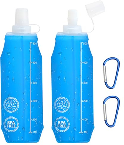 VOSSOT Faltbare Trinkflaschen 2 Stück 500ml mit Karabiner Ultraleicht Soft Flask BPA-frei, Sportflasche, Auslaufsicher, Platzsparend Perfekt zum Joggen, Wandern, Camping, Radfahren und Outdoor