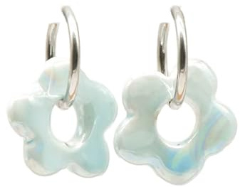 Feliss Creolen Silber Blumen Ohrringe mit Keramik Blume kleine Hoop Earrings 80er Jahre Edelstahl Creole mit Anhänger Boho Schmuck Damen Modeschmuck Y2k Accessoires hängend (Cold Blossom Blue)