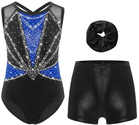 Oyolan 3 Pièces Ensemble de Gymnastique pour Fille Enfant B Bleu Noir 11-12 ans