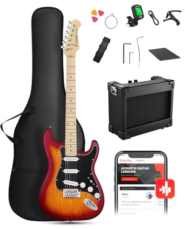 DONNER DST-80 Electric Guitar 39” Beginner Electric Guitar Kit with Amp, Classic SSS Pickup Complete with Gig Bag, Tuner, Capo, Strap, Picks, and Free Online Lessons, CherryBurst
