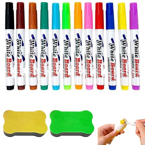 Teouuas 12 Pièces Feutre Tableau Blanc, Marqueur Tableau Blanc Effacable avec 2 Eponge, Feutres Effacables, Faible Odeur, Facile à Effacer pour École, Maison, Bureau et Créativité
