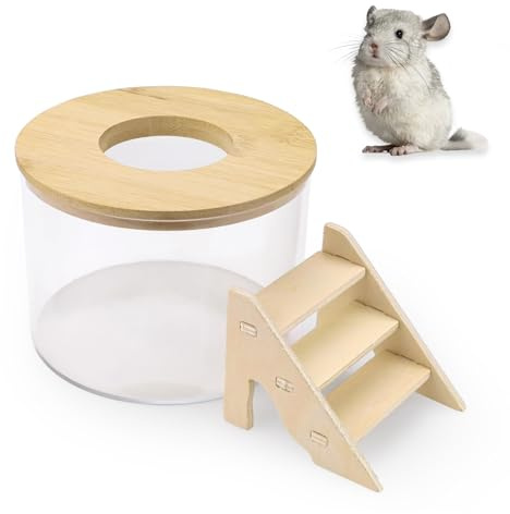 ASTIMESA Plastic Hamster Sand Bath Container with Ladder, Clear Hamster Litter Box Tub Wood Cover for Chinchilla Pet Gerbil Guinea Pig Digging Small Animal House Round
