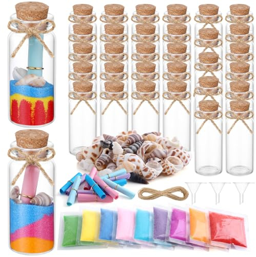 Remerry 36 Pack DIY Sand Art and Crafts Kit Wishing Bottles Colorful Sands Message Paper Beach Seashells Funnels Message Bottle Kit for Time Capsules Wedding Favors