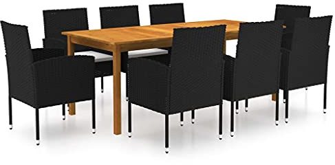 JHQHSM 9-TLG. Gruppo da giardino nero in legno di acacia e rattan PE con cuscini imbottiti per terrazza e giardino