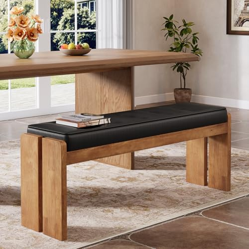 TRIBEWOOD 47-Inch Solid Wood Dining Bench, Modern Kitchen Table Bench with Button-Tufted Leather Pad and Wooden Legs, for Living Room, Dining Room, Hallway, Black & Brown