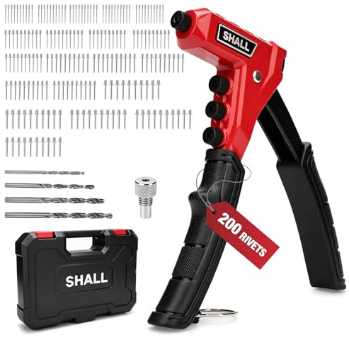 Shall 4-i-1 nitpistolset, kraftig handnitar med 200 nitar, 4 storlekar (2,4 mm, 3,2 mm, 4,0 mm, 4,8 mm), 4 höghastighetsstålborrbitar, för fordon, läder, plast, möbler, metall