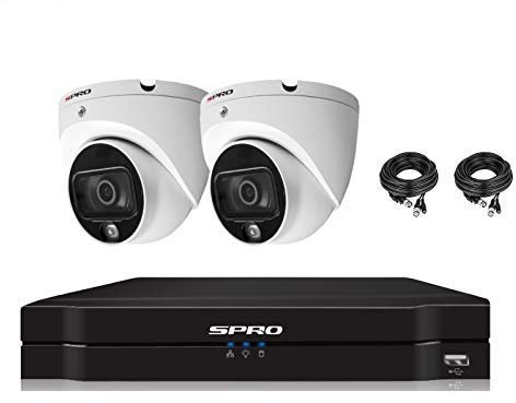 SPRO CCTV SYSTEM 2X WHITE DOME CAMERA COLOURNIGHT COLOUR AT NIGHT 24HR AUDIO AOC MIC BUILT IN 4CH DVR FACE DETECTION KIT 1TB HDD