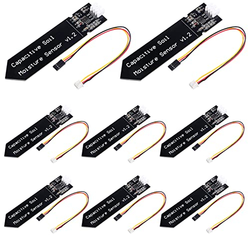 Lot de 8 capteurs d'humidité du sol capacitifs résistants à la corrosion - Fil large tension analogique - Capteur d'humidité du sol pour Arduino - Détection d'humidité des plantes de jardin - Kits de