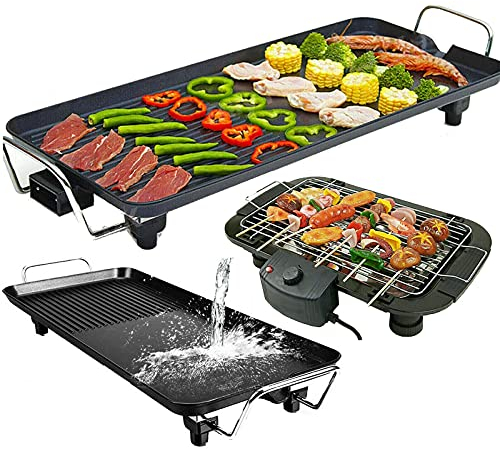 Electric Griddle Non-Stick Teppanyaki Grill Pan Smokeless Barbecue Grill Large Table Top Cooking Grill Portable Indoor Hot Plate with Fat Drip Tray and Adjustable Temperature - Large 48 x 27 x 8 cm