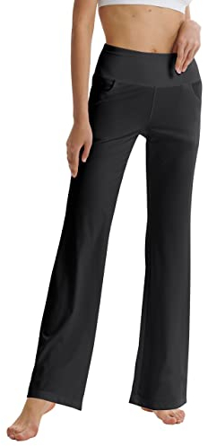 LaiEr Damen Bootcut Yogahose mit Taschen, hohe Taille, ausgestelltes Bootleg Yoga Workout Hose mit Seitentaschen, Schwarz,L