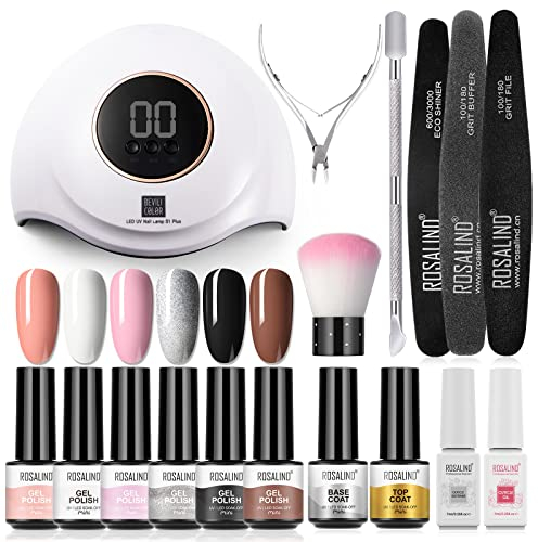 ROSALIND Kit Vernis Semi Permanent 48W LED/UV Lampe,6 Ongle Gel UV Complet Capsule Debutant Mini Gel et 1x Top Coat 1x Base Coat Set Manucure Bricolage Essentiels Décorations d'art Kit