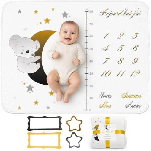 Couverture Étape Bébé en Français | Tapis Évolution | Garçon ou Fille, Unisexe | Lune, Étoiles, Koala | Suivi Âge & Taille | Cadeau Naissance | Doux & Confort | Polaire | 120x100cm