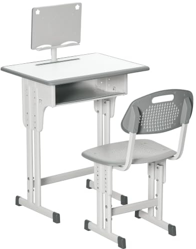 HOMCOM Kids Desk and Chair Set Adjustable Height Drawer Book Stand Grey | Study Table Set, Pen Slot