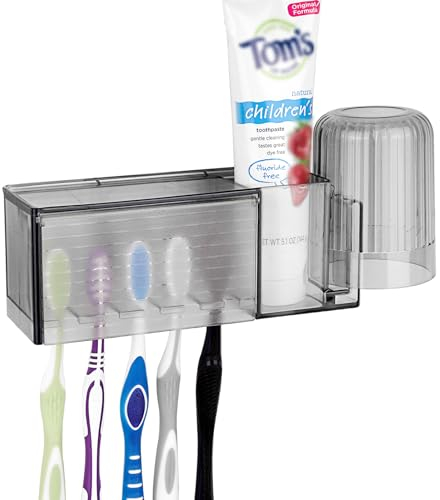 Linkidea Portacepillos de Dientes Autoadhesivo Multifuncional de Pared con Tapa, Caja de Almacenamiento para cepillos de Dientes y Pasta de Dientes para el baño, el hogar y el Dormitorio (Gris)