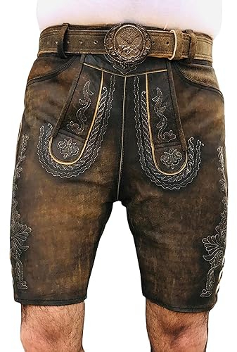 Oktoberfest Lederhose, Trachtenlederhose kurz aus Wildbock Leder, Bayrische Lederhose Herren mit Gurtel Gr 46-58 (DE/NL/SE/PL, Numerisch, 58, Regular, Kurz)