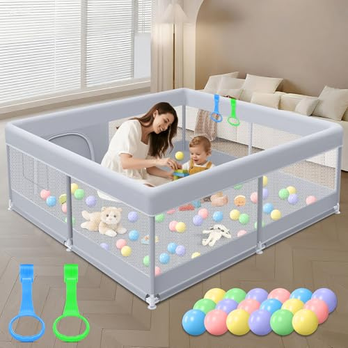 XVISHX Baby Playpen 50 x 50 Inch Play Pen Playards, Playpen for Babies and Toddlers, Baby Playard for Indoor & Outdoor Active Center Game Fence, with Skin-Friendly Fabric and Soft Breathable Mesh Grey