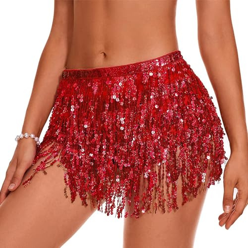 QKEPCY Falda con Borlas De Lentejuelas para Danza del Vientre, Bufanda De Cadera, Disfraz De Rave con Flecos para Mujeres y Niñas
