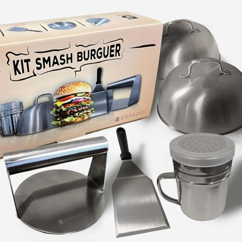COARJAP – Kit Smash Burger – Comprend 1 Smash Burger Press, 1 Spatule Smash Burger, 2 Cloches pour Burger et 1 Saupoudreuse d'Épices – Certifié UE pour Le Contact Alimentaire