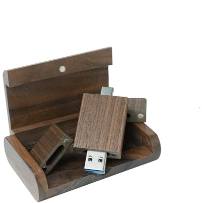 Yaxiny Låda i valnötsträ USB-minne 128 GB 1 stycken, OTG USB-penna, USB 3.0 och USB C flashenhet, typ C minnessticka för USB A+USB C Android smartphone