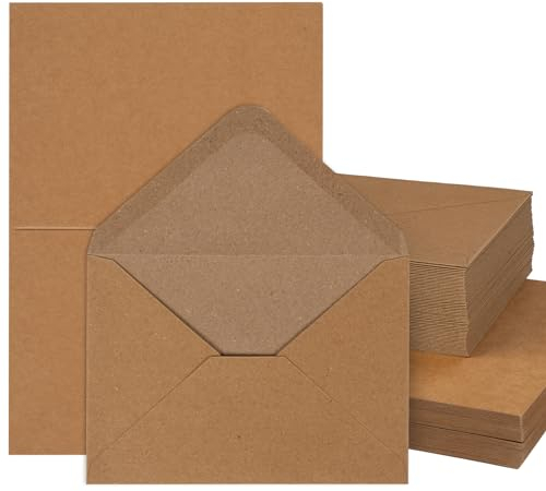 Mocraft Kraftpapier Umschläge 60 Stück C6 Briefumschläge 150 g/m² Briefkuvert mit Blanko Karten DIN A6 für Hochzeit Geschenk Grußkarten Einladung (Braun)