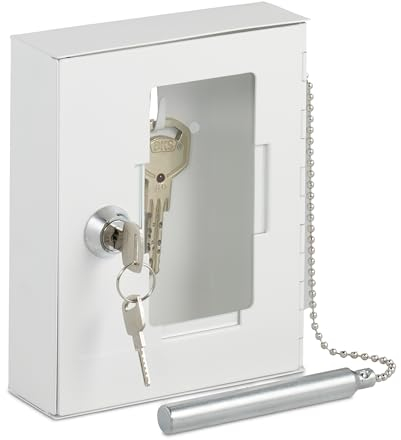 Relaxdays Cassette con Chiavi di Emergenza con Martelletto Rompivetro, Chiudibile, HLP 15x12x5 cm, Vetro e Ferro, Bianco