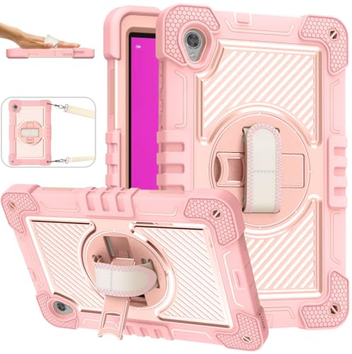 ERDARARIPRO Tablet Hülle für Lenovo Tab M10 HD X306 10.1 inch, Niedliche Stoßfeste Cartoon Hülle mit 360° Drehbarem Ständer und Handschlaufe Schultergurt Roségold